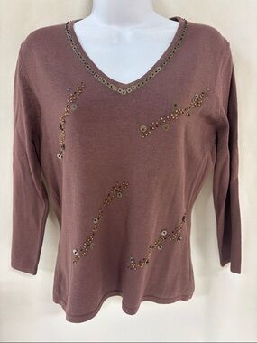 Embellished V-Neck Women's Top - Mauve Brown